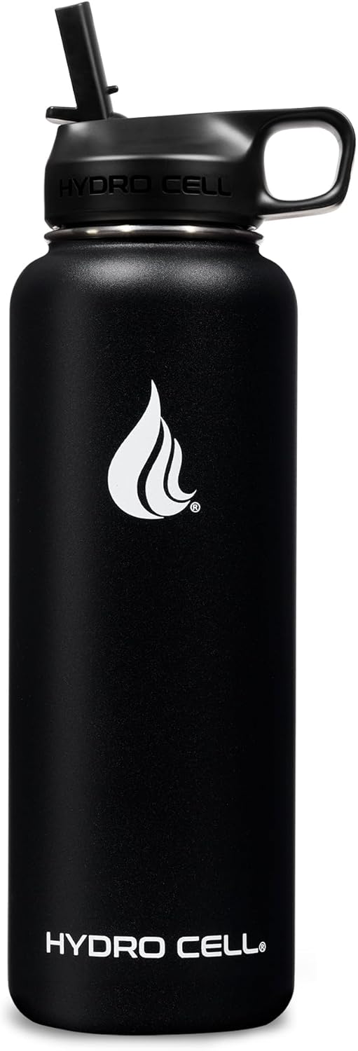 HYDRO CELL Stainless Steel Insulated Water Bottle with Straw - For Cold & Hot Drinks - Metal Vacuum Flask with Screw Cap and Modern Leakproof Sport Thermos for Adults (Black 40oz)
