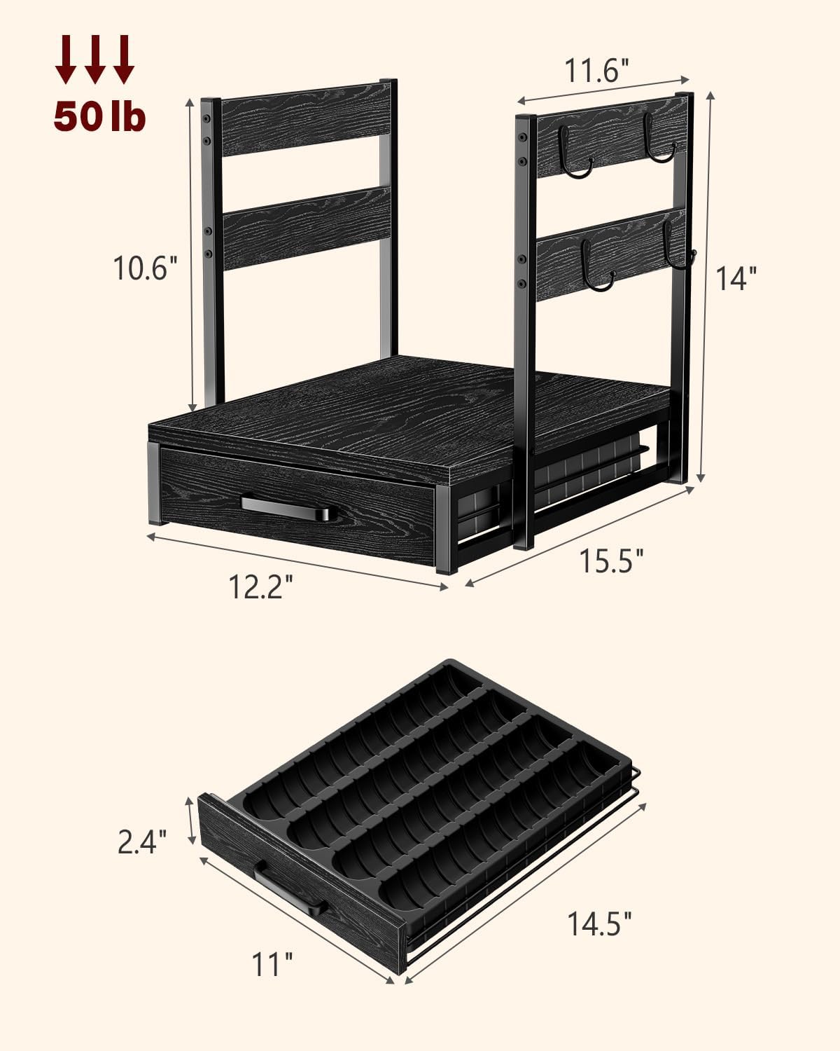 Coffee Pod Holder Compatible with Nespresso, Vertuo Pod Holder for 56 Small or 28 Large, Nespresso Capsule Organizer Drawer Coffee Maker Station with Cup Rack, Black