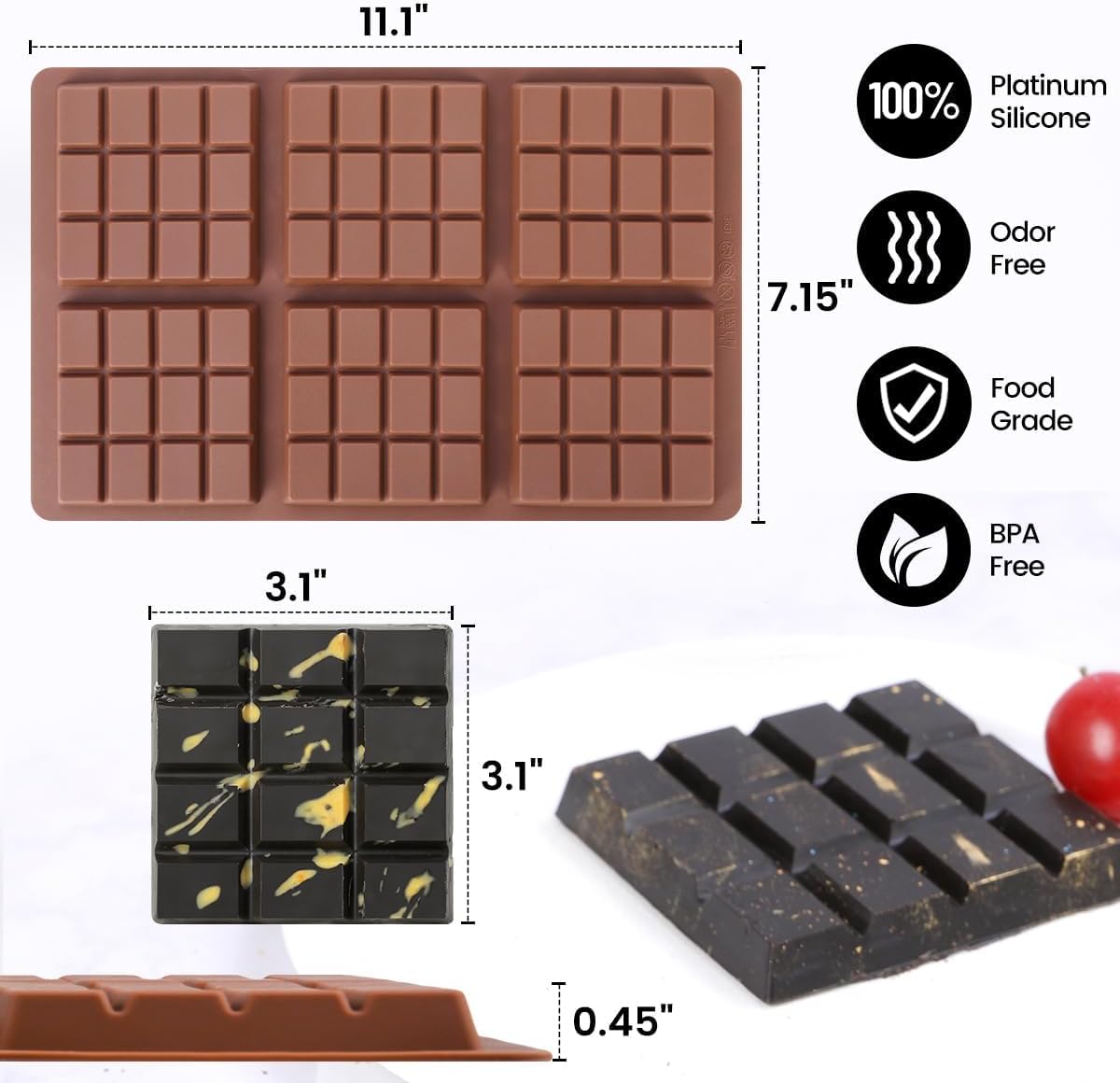 Chocolate Bar Molds Deep Silicone Break-Apart Chocolate Nonstick Protein and Energy Bar Mold Square Thick Candy Mold Wax Melt 2 Pack