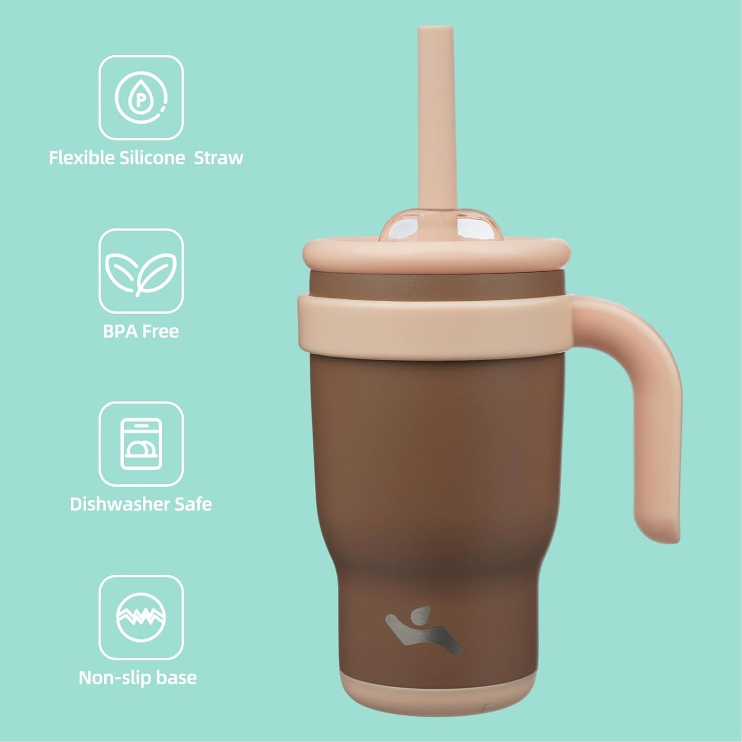 14 oz Tumbler with Side Handle, Insulated Water Bottle with Straw and 2 in 1 Lid, Stainless Steel Cup Travel Coffee Mug for Sports Office Gym,Brown