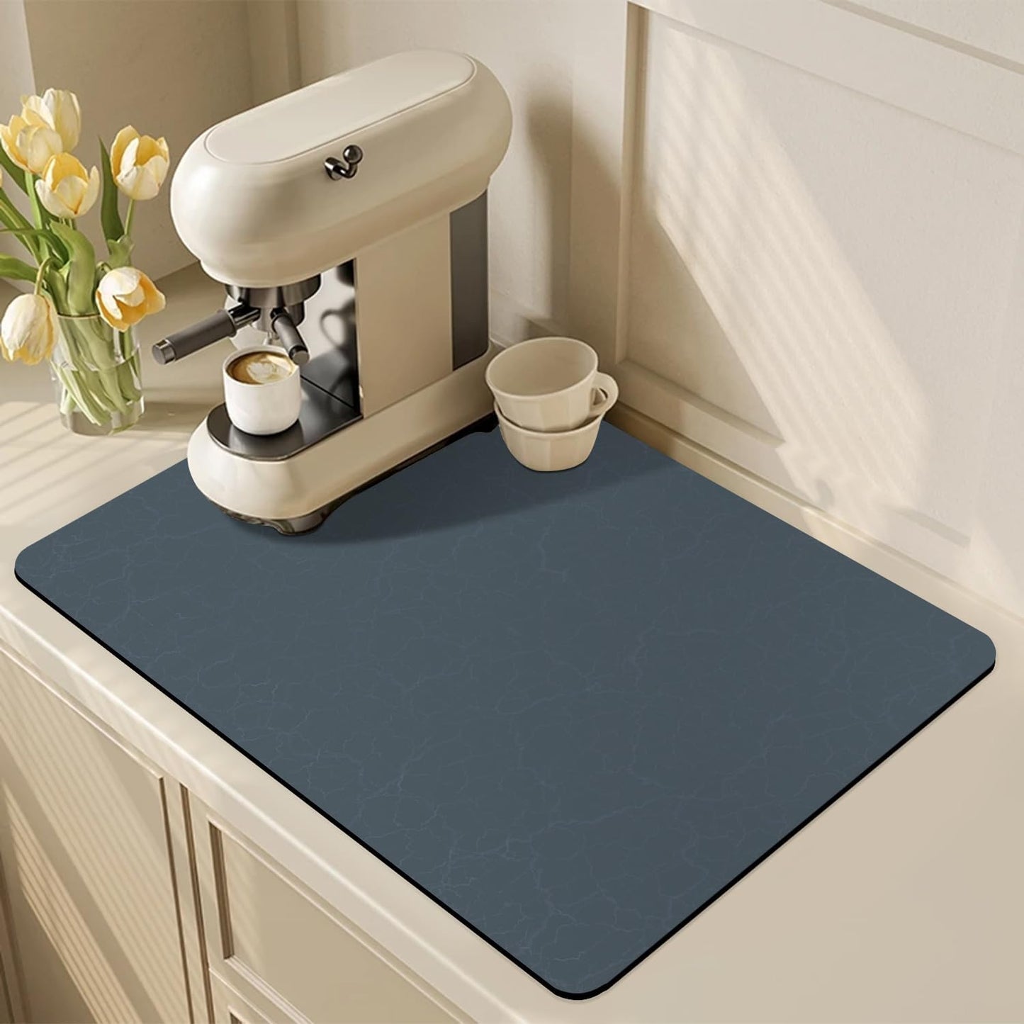 Golener Coffee Maker Mat - Cafe Bar Decor for Coffee Station, Dish Drying Mat, Drip Tray for Dish Rack, Absorbent Mat for Countertops, Non-slip Material Keeps Dish in Place, 23”x15”, Marble Navy