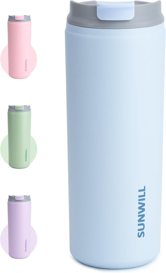 SUNWILL Travel Coffee Mug with Lid, Leak Proof Tumbler Stainless Steel, 16 oz Insulated Cup for Water, Tea, Ice, Powder Coated Iceberg