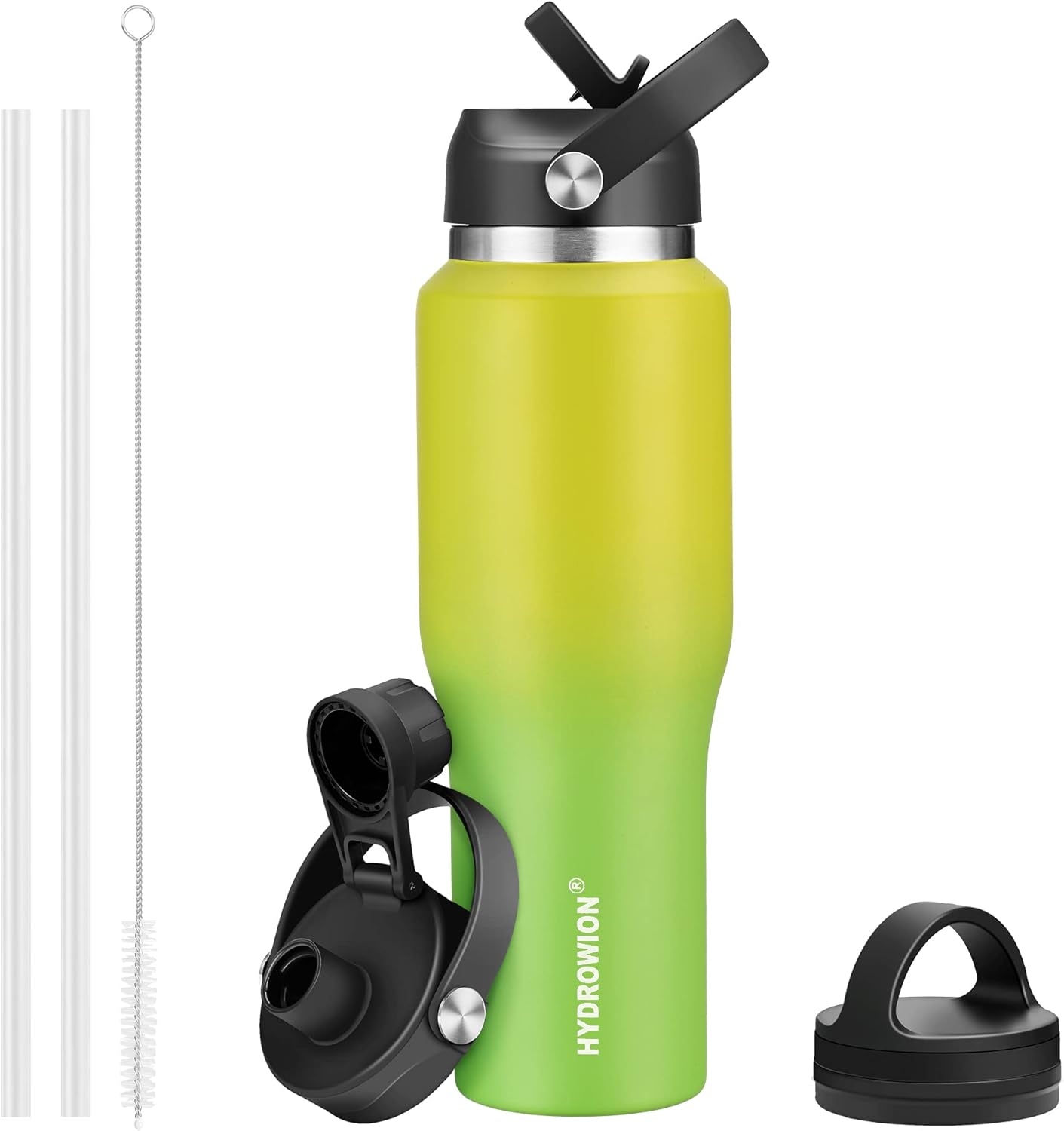 HYDROWION Water Bottle Stainless Steel,Vacuum Insulated Leak Proof Tumbler 32oz with Straw Lid, Spout Lid and Flex Cap(Cold for 48 Hrs, Hot for 24 Hrs), Fit in Any Car Cup Holder, Yellow&Green