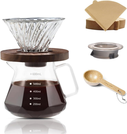 Pour Over Coffee Maker Set 20 oz, 600 ml Borosilicate Glass Coffee Server with Glass Lid, 50 pcs Paper Filter, Walnut Handle Pour Over Coffee Dripper for Home Café Restaurant, Clear