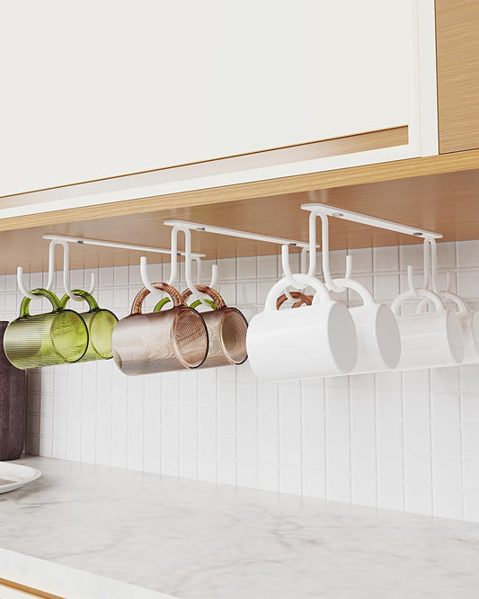 Mug Hooks Under Cabinet 3 Pack, Coffee Cup Hooks for Hanging Under Shelf, Mug Organizer Rack with 12 Hooks for Displaying Mugs, Coffee Cups and Kitchen Utensils, White