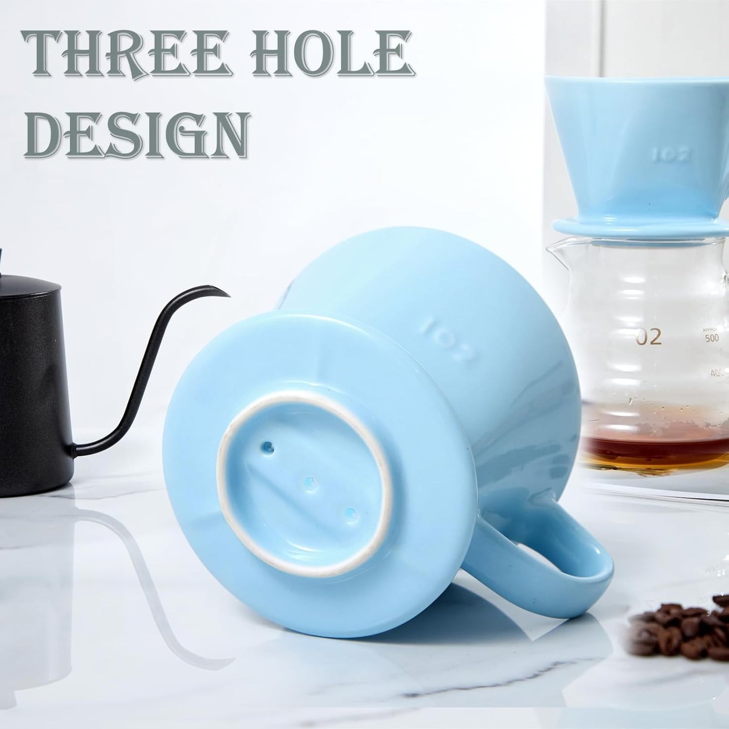 Pour Over Coffee Dripper, Ceramic Pour Over Coffee Maker with 3 Holes Flat Bottom, Easy Manual Brew Maker, Porcelain Slow Filter Cone for Travel, Camping, Office, Home, BL