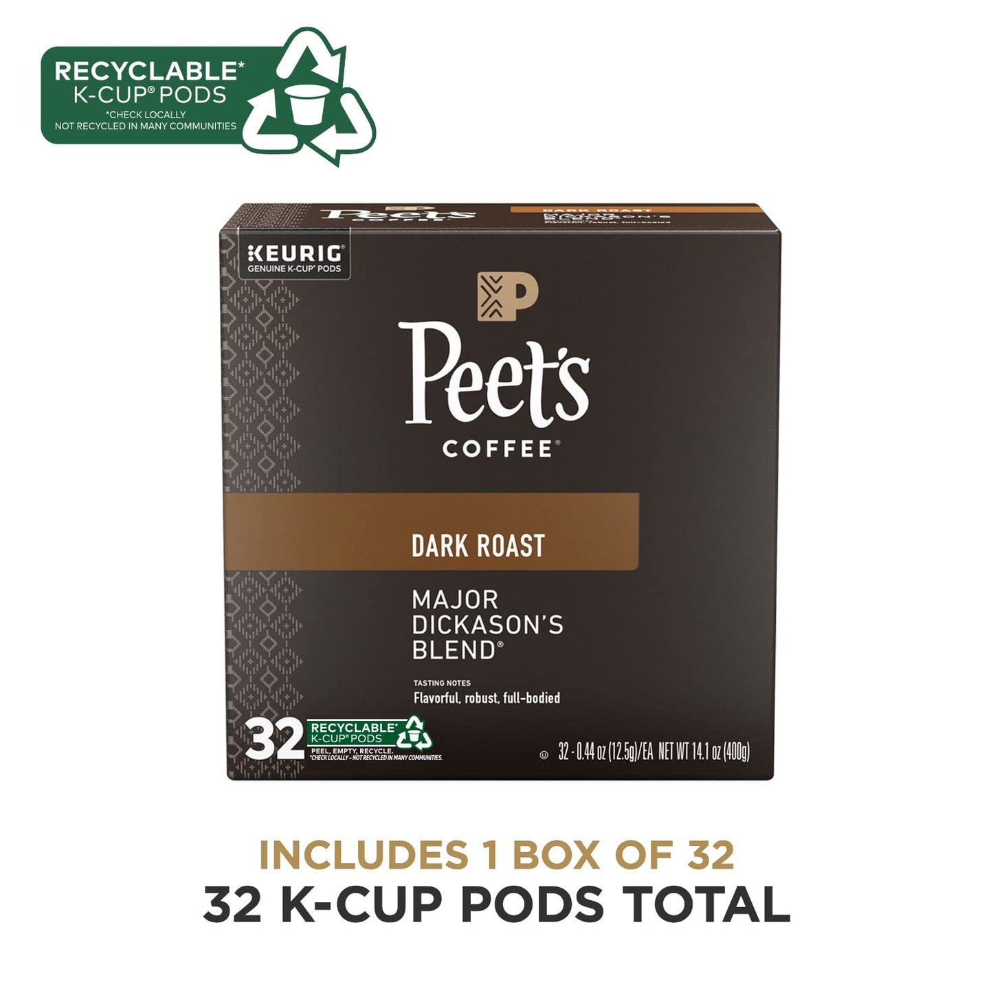 Peet's Coffee, Dark Roast Keurig K-Cup Pods - Major Dickason's Blend 32 Count (1 Box of 32 K-Cup Pods)