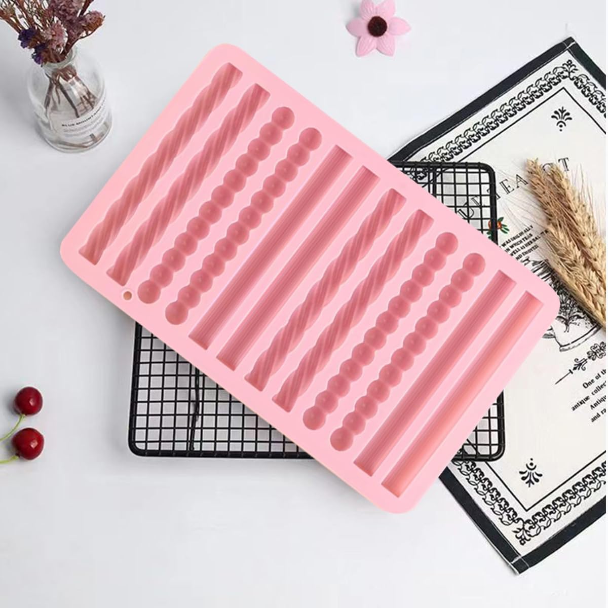 2Pcs oat bar mold - 12 long biscuit molds- Chocolate silicone mold for baking candies/energy bars, cheesecake, dried fruit cereal cookies (2, Pink)