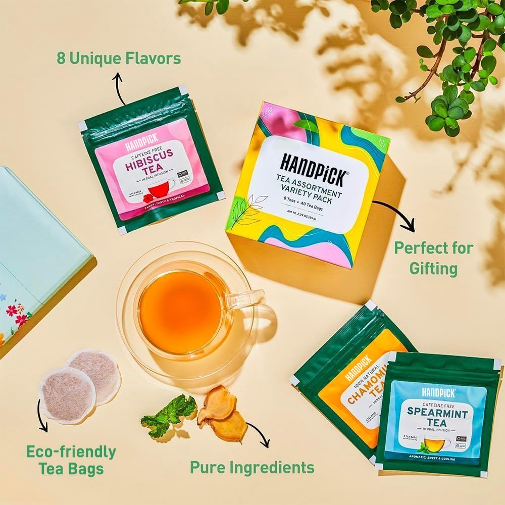 HANDPICK, Tea Bags Sampler Assortment Variety pack Gift Box 8 Flavors, 40 Tea Bags - Perfect Variety | English Breakfast, Green, Black, Herbal & More | Gifts for Him/Her