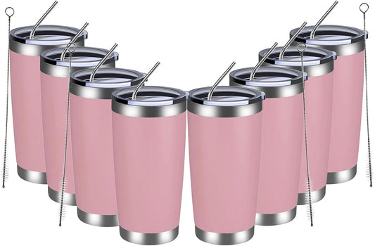 MEWAY 20oz Tumbler 8 Pack Double Wall Vacuum Insulated Travel Mug Bulk, Stainless Steel Tumblers with Lid and Straw, Durable Powder Coated Coffee Cups for Cold & Hot Drinks (Pink, 8)