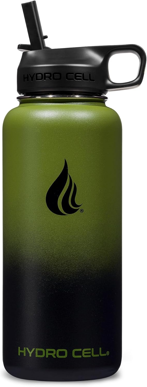 HYDRO CELL Stainless Steel Insulated Water Bottle with Straw - For Cold & Hot Drinks - Metal Vacuum Flask with Screw Cap and Modern Leakproof Sport Thermos for Adults (Army/Black 32oz)