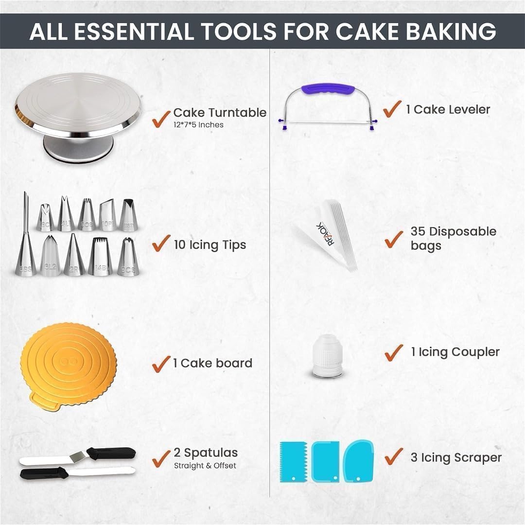 RFAQK 50PCs Cake Decorating Supplies Kit with 12" Aluminum Rotating Cake Turntable Stand, Professional Leveler, Straight & Offset Spatulas, 10 Numbered Icing Tips & Bags