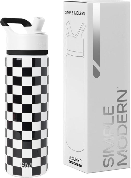 Simple Modern Water Bottle with Straw Lid | Vacuum Insulated Stainless Steel Metal | Reusable Leak Proof BPA-Free Cup for School | Summit Collection | 22oz, Black and White Checkmate