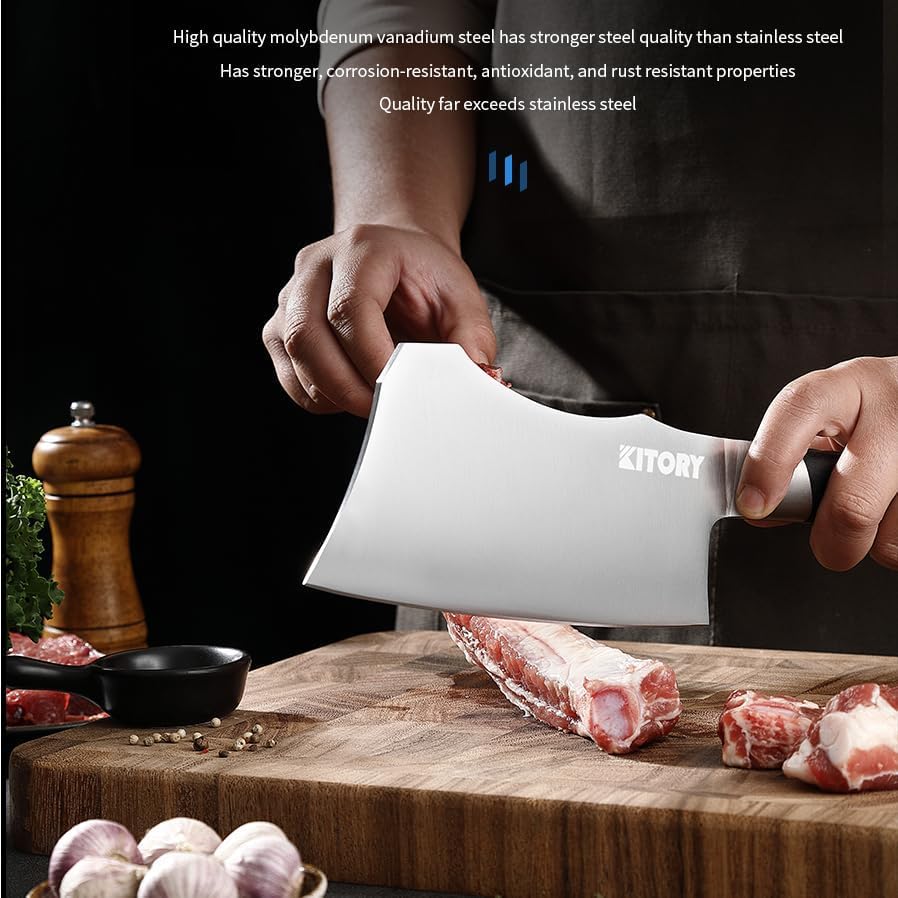 Meat Cleaver with Large Handle - 7 inch Kitchen Bone Chopper,German High Carbon Stainless Steel Chopping Knife with Ergonomic Wodden Handle - for Home Kitchen and Restaurant with Gifts Box