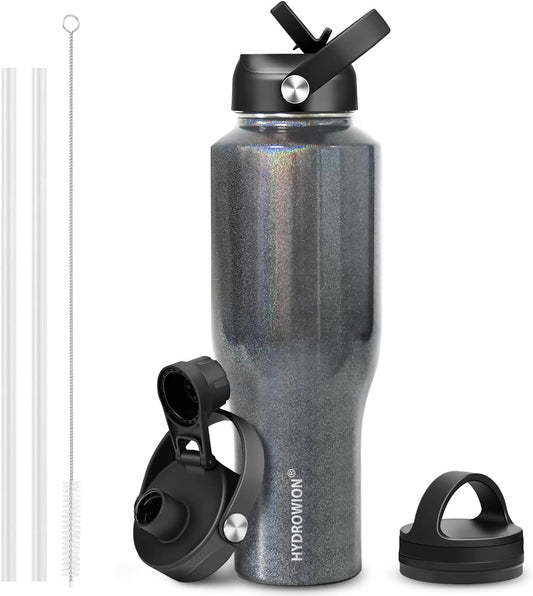 HYDROWION 40 oz Insulated Water Bottle with Straw fit in Car Cup Holder(Cold 48 hrs, Hot 24 hrs) Drinking Bottle with Straw Lid, Spout Lid and Flex Cap Leakproof Travel Thermo Mug，Laser Grey