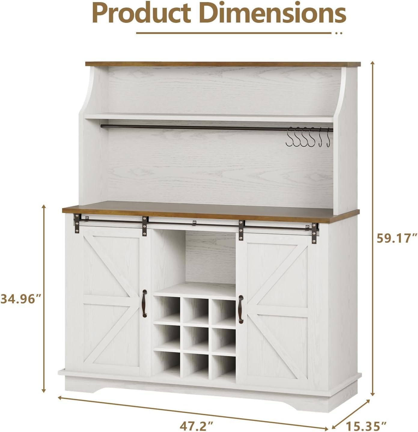 47 Inch Farmhouse Coffee Bar Cabinet with 3-Tier Storage, Kitchen Hutch with 9 Wine Racks & 3 Glass Holders, Coffee Bar with 6 Hooks, Wine Bar Cabinet for Dining Living Room, White