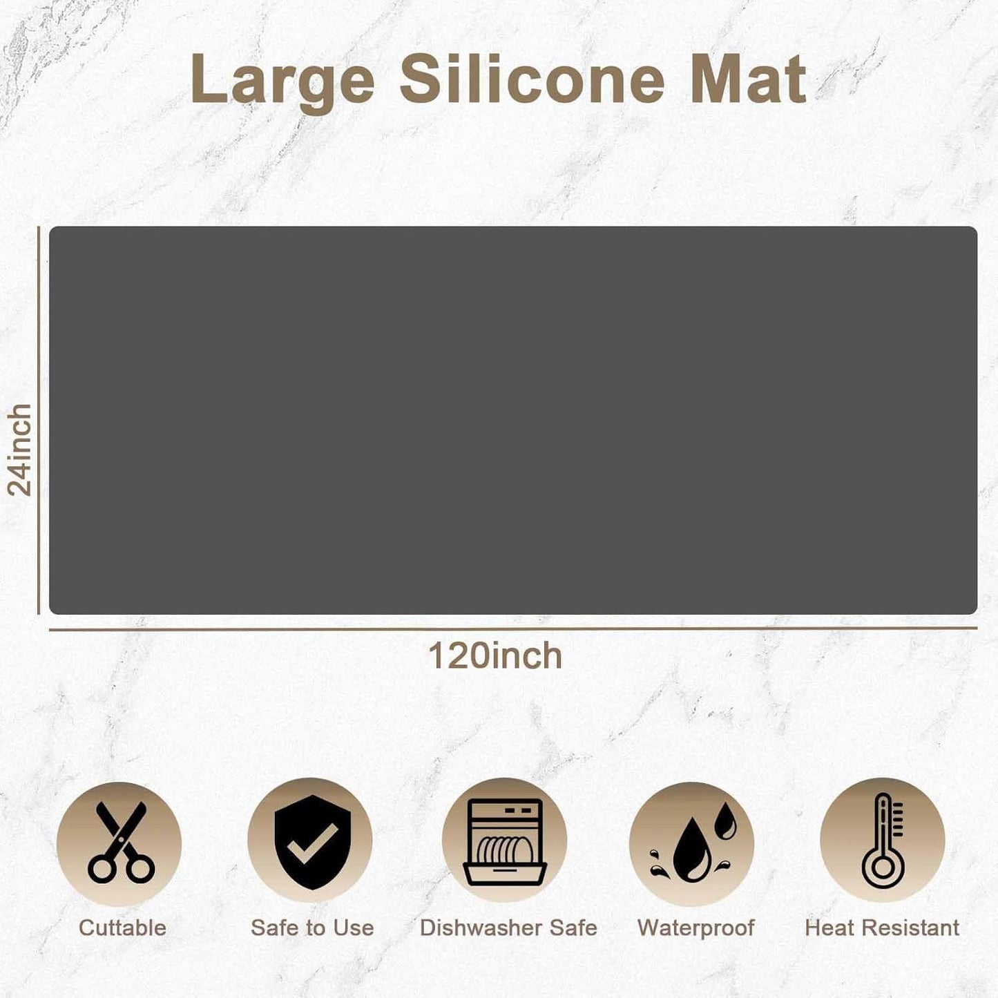 120"x24"(305cmx60cm) Large Silicone Kitchen Counter Mat, Heat Resistant Non-Slip Countertop Protector, Waterproof Multipurpose Mat for Kitchen Island, Dark Gray