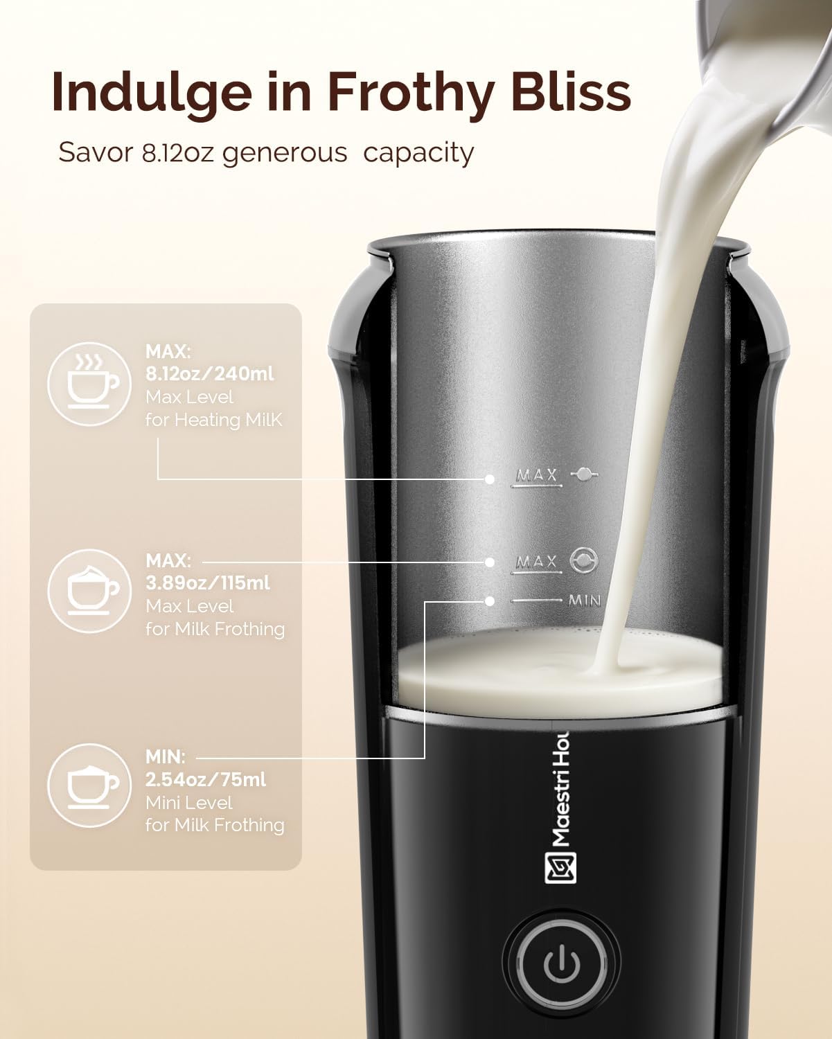 Maestri House Milk Frother, 3-in-1 Hot & Cold Mik Frothing Steamer, 8.12OZ/240ML Touch Control Foam Maker, Compact Space-saving Design for Latte, Cappuccino and Warm Milk