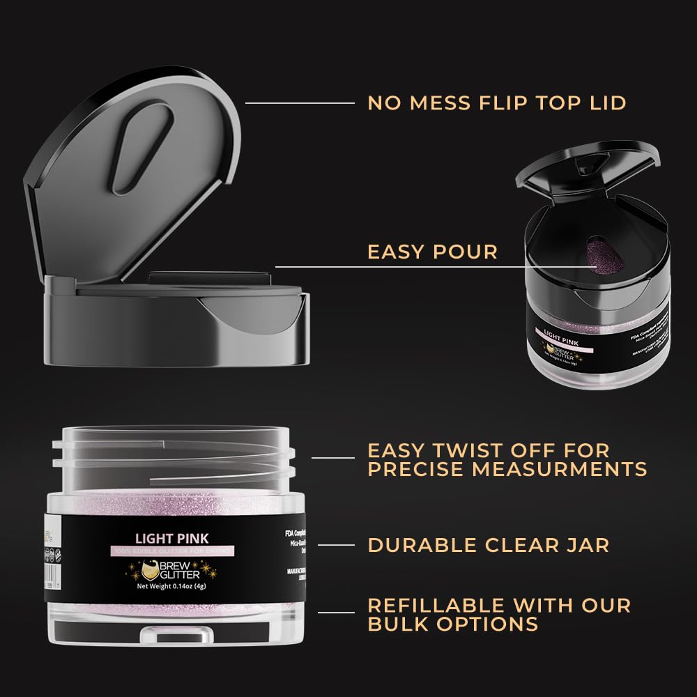 Brew Glitter Light Pink Edible Drink Glitter 1x 4g Jar for Cocktails, Beer, & Beverages