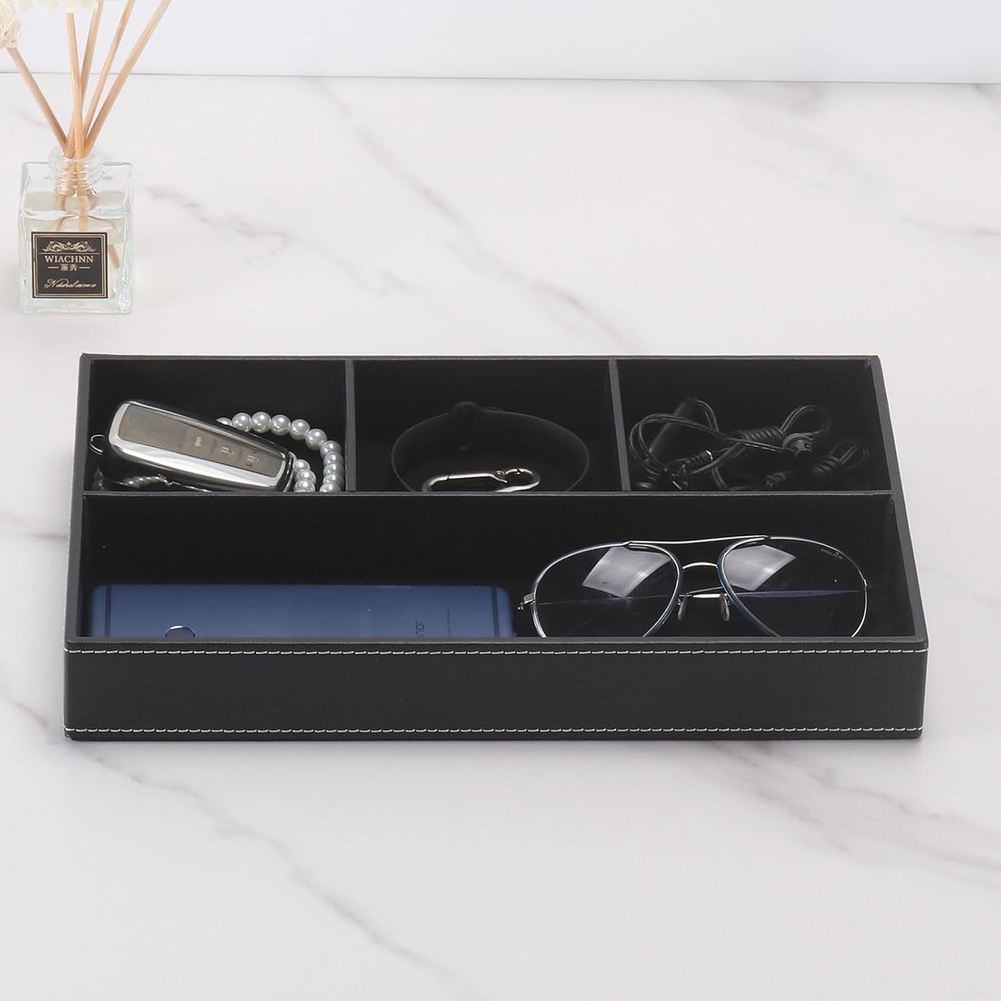 Desktop Glove Box, Nightstand or Dresser Organizer, Valet Tray, Entry Table Organizer, Dresser Storage Box,PU Leather Drawer Storage Decorative Trays.