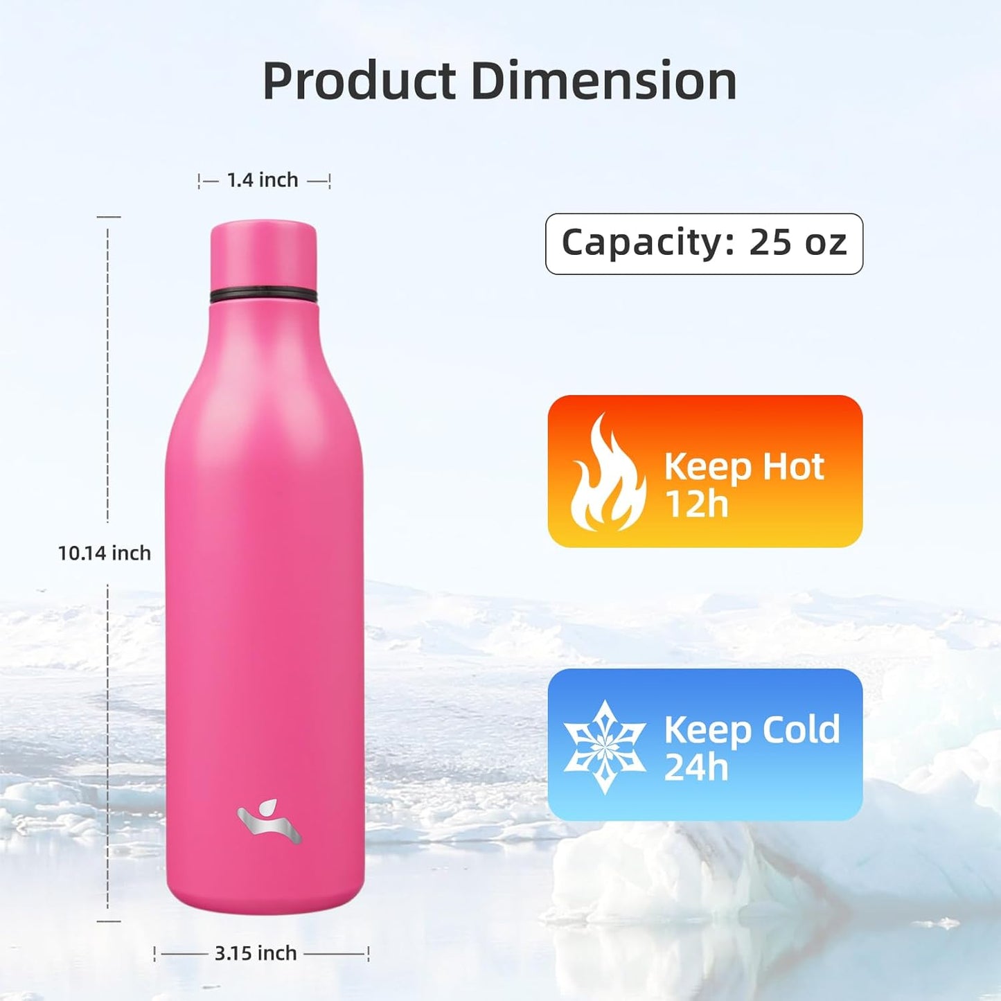 Insulated Water Bottle with Strap,25 oz Double Wall Stainless Steel Vacuum Bottles Metal Water Flask,Pink