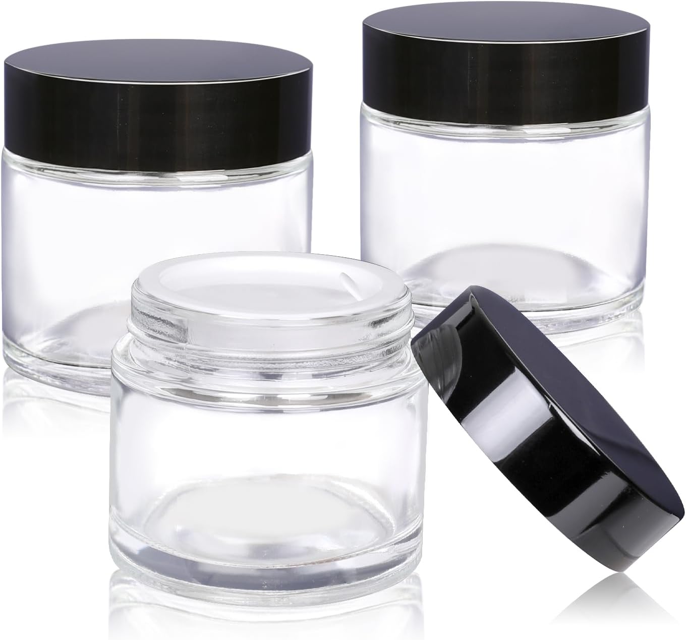 3 Pack Clear Small Glass Cosmetic Jars with Lids - 60 ml Empty Glass Makeup Containers for Sample, Cream, Lotion, Powder (2 OZ)