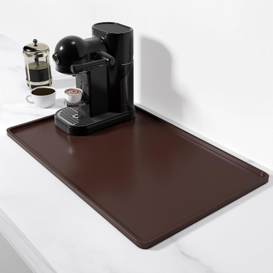 Rnivvi Silicone Coffee Mat, 12" x 19" Waterproof Raised Edge Coffee Bar Mats for Espresso Machine Station Accessories, Heat Resistant Dish Drying Pad for Kitchen Counter, Rubber Bar Decor Pad, Brown