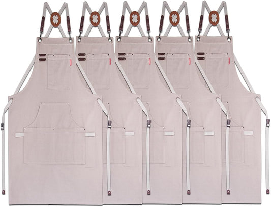 5 Pack Kitchen Apron, Work Apron, Canvas, Multiple Pockets, Gardening, Painting, BBQ, Artist, Carpenter, Sizes M to XXL, Grey