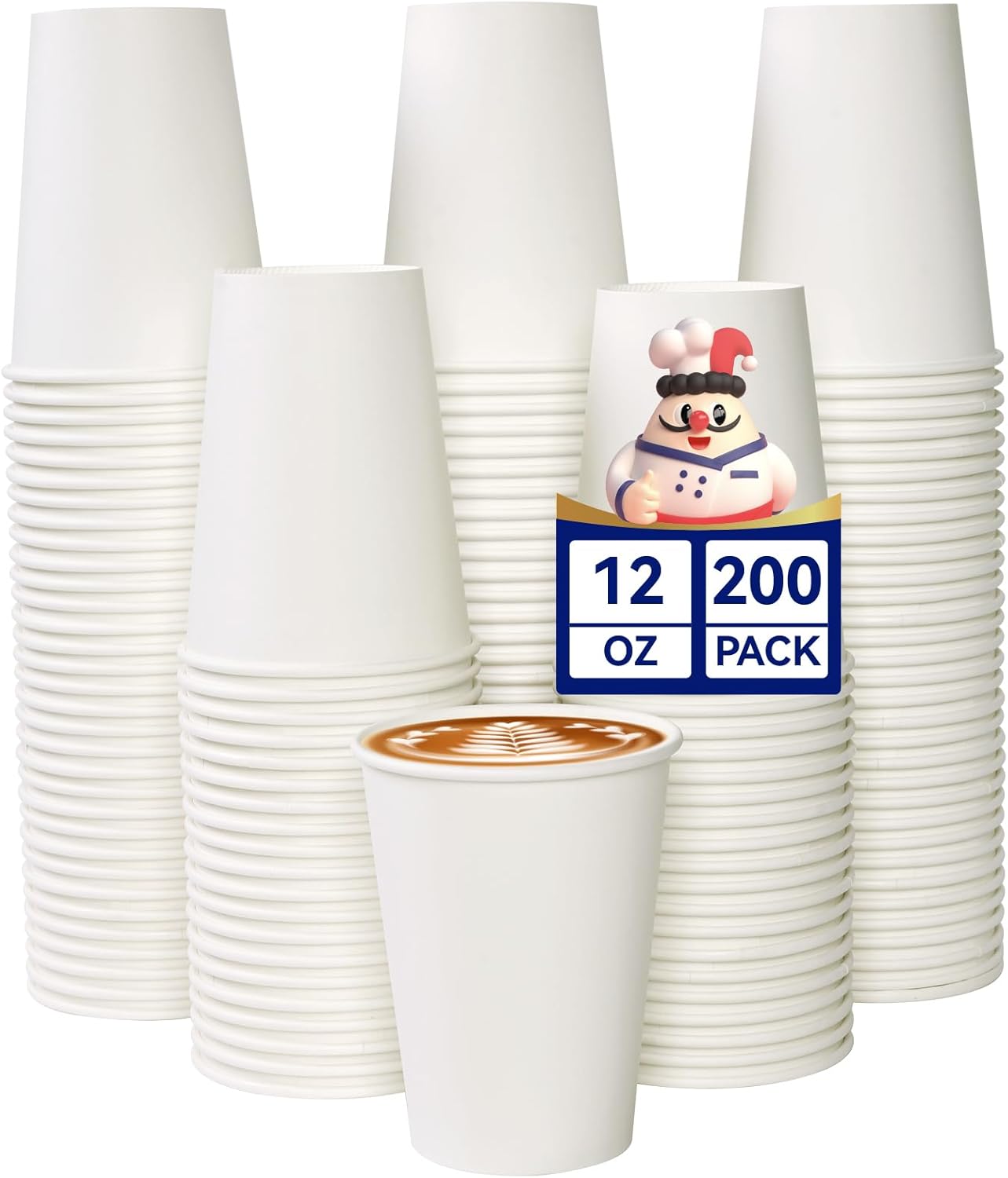 JOLLY CHEF 200 Count 12 oz Coffee Cups, Leak-Proof White Paper Cups for Coffee, Water, Juice, or Tea, Suitable for Party, Picnic, Travel, and Events