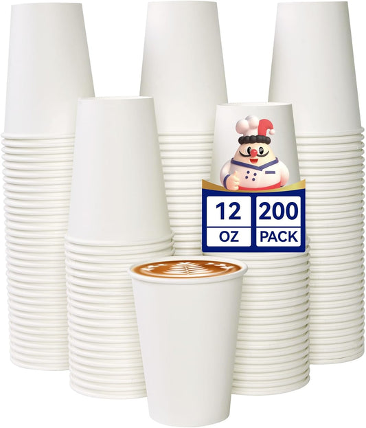 JOLLY CHEF 200 Count 12 oz Coffee Cups, Leak-Proof White Paper Cups for Coffee, Water, Juice, or Tea, Suitable for Party, Picnic, Travel, and Events