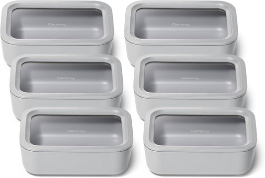 Caraway 6pc Glass Food Storage Set – 6.6 Cup Food Containers (6) - Ceramic Coated - Non Toxic, Non Stick with Lids - Microwave Safe - Gray