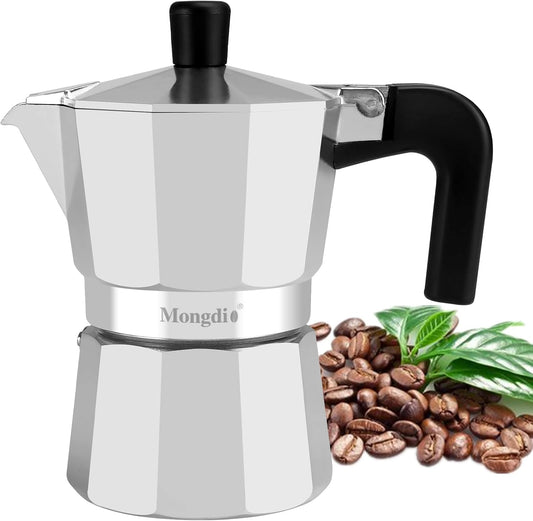 Mongdio Stovetop Espresso Maker Moka Pot, Stove Top Cuban Coffee Maker, Italian Greca Mocha Pot, 3 Espresso Cups, 5 oz - Silver