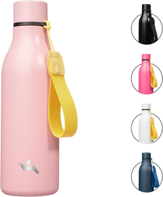 Insulated Water Bottle with Strap,18 oz Double Wall Stainless Steel Vacuum Bottles Metal Water Flask,Light Pink