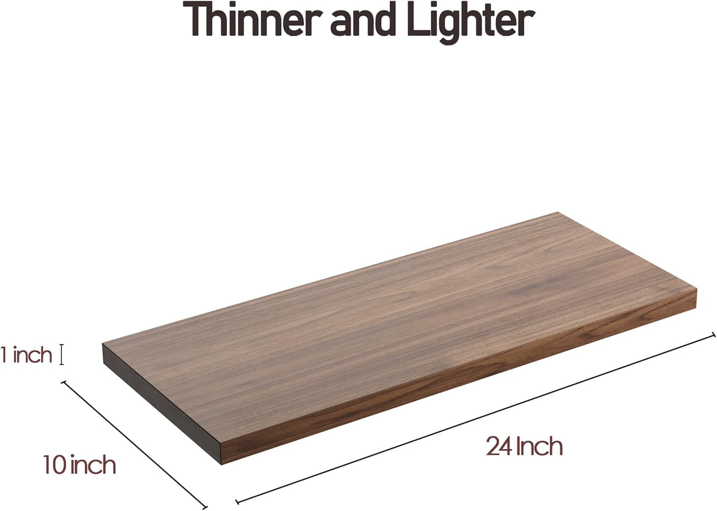 Wall Shelf Set of 1, Walnut Floating Shelves 24 in W x 10 in D x 1 in H, Wooden Floating Wall Shelf with Invisible Brackets for Living Room/Bedroom/Bathroom/Kitchen Storage and Decor