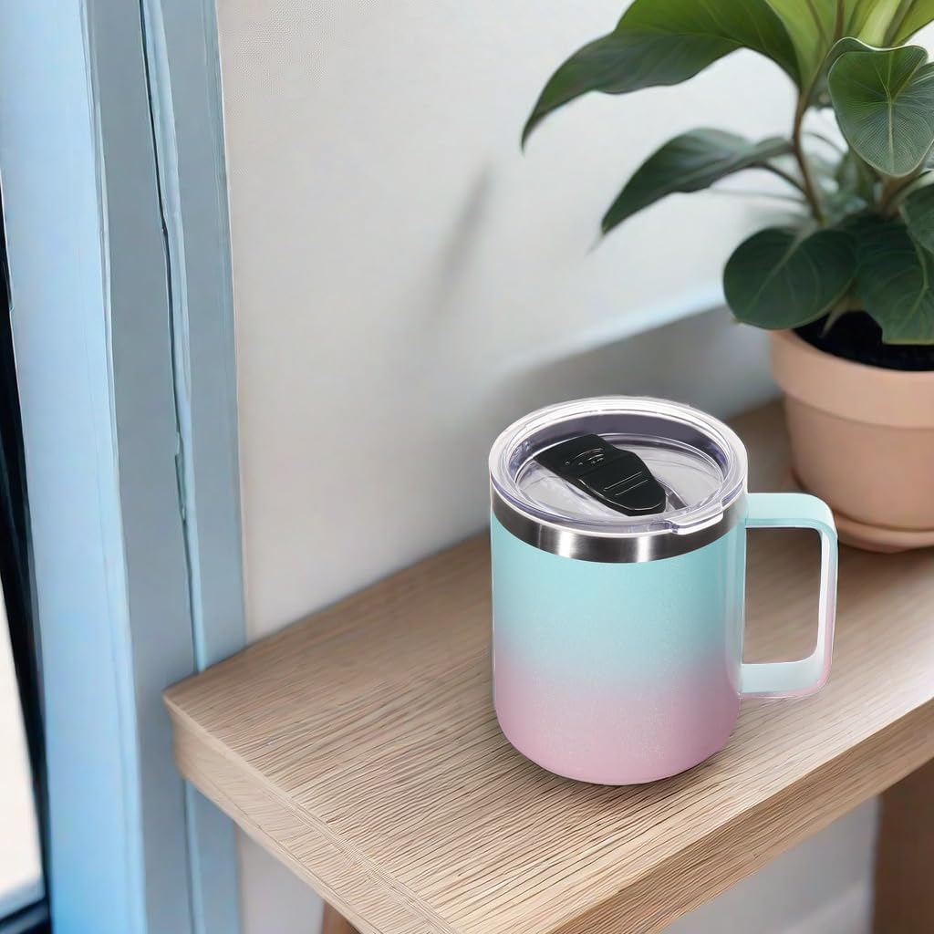 Volhoply 14oz Insulated Stainless Steel Coffee Mug with Lid Bulk 2 Pack,Double Wall Vacuum Travel Coffee Cup with Handle,Reusable Cups Tumbler,Camping Mugs Keep Hot,Ideal Gifts(Green Pink,2)