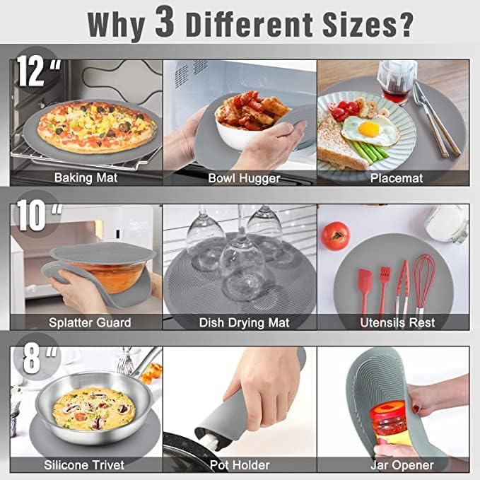 Pack 2,KooMall 12 10 8 Inch Multi-use Microwave Mat, Trivet, Pot Holders, Drying, Baking, Place Mat, Utensils Rest, Silicone Cover Pad for Hot Pot Pan,Plates Dishes Kitchen Counter,Heat Resistant,Gray