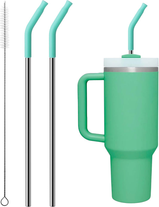 2 Pcs Stainless Steel Straws for 40 oz Stanley Tumbler, Replacement 40 oz Stanley Cup Straw Accessories with Silicone Tips and Cleaning Brush (Teal)