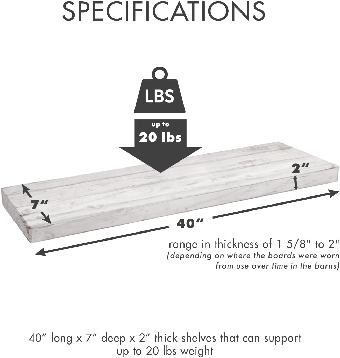 Urban Legacy Reclaimed Barnwood Planks | Floating Shelves for Wall w/Flush Mount Shelf Bracket Set Included | Set of 2 (White Wash, 40"x7"x 2")