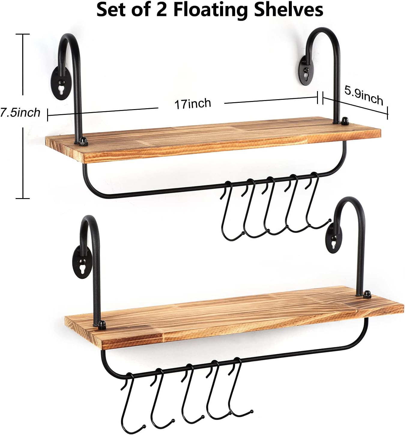 Olakee Floating Wall Shelves for Kitchen Bathroom Coffee Nook with 10 Adjustable Hooks for Mugs Cooking Utensils or Towel Rustic Storage Shelves Set of 2/17x5.9 inch (Carbonized Black)