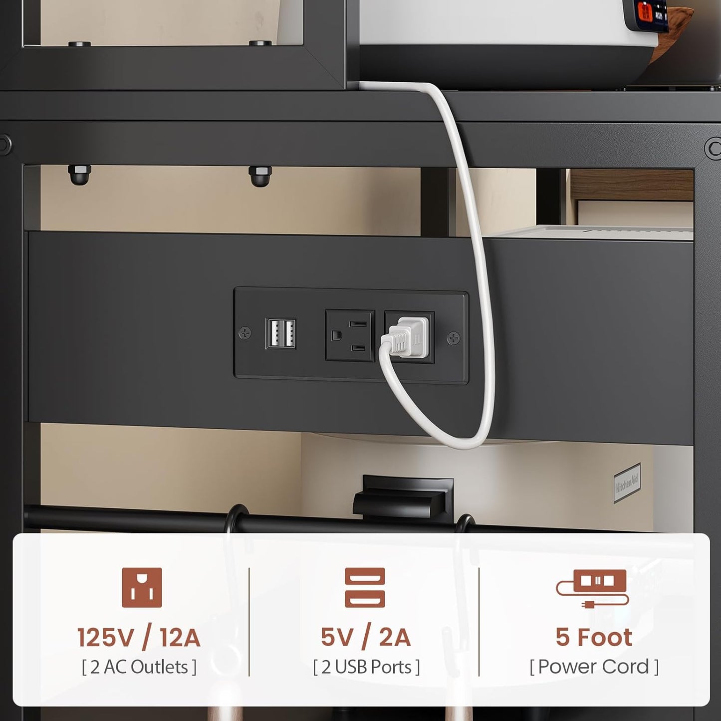 Itaar 47.2 Inch Bakers Rack with Power Outlet, Microwave Stand with Storage, Farmhouse Coffee Bar Cabinet Station with Wine Rack, Iron Grid and 8-S Hooks (Black)