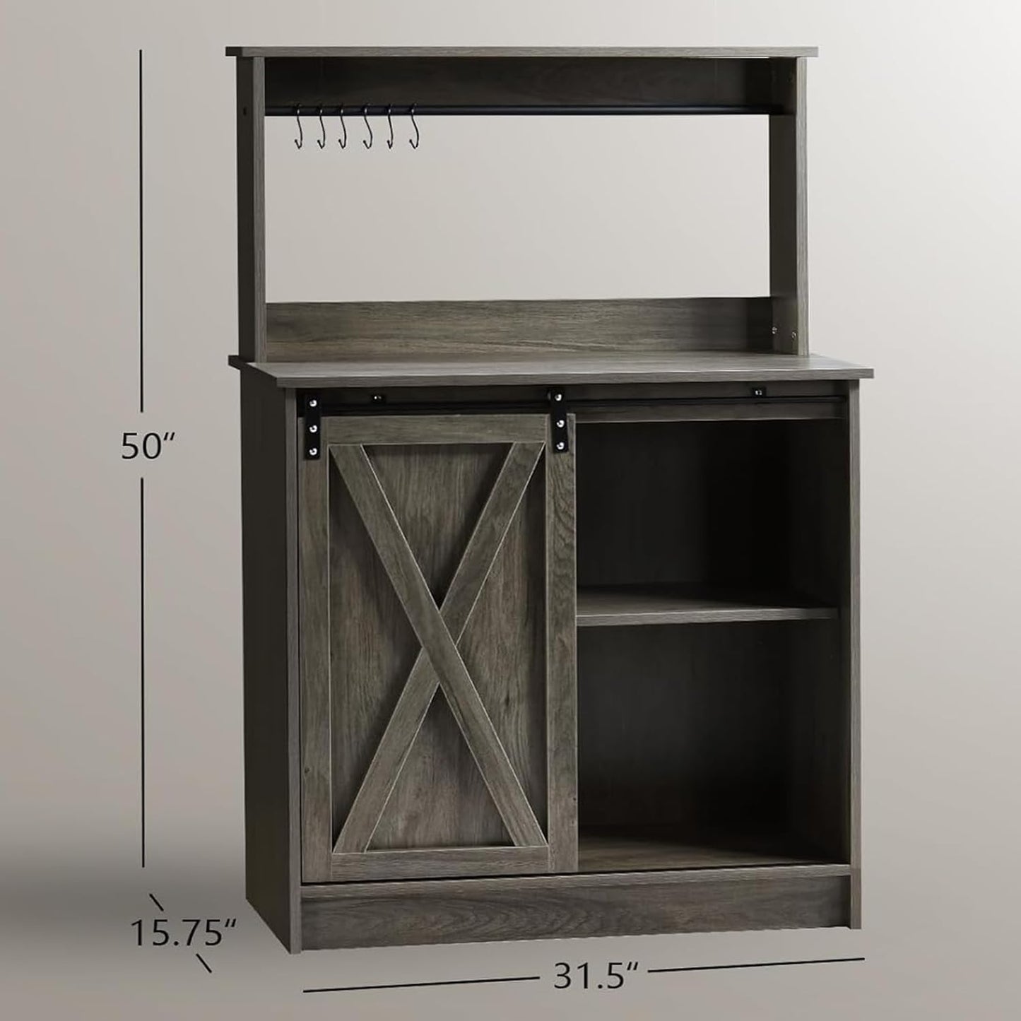 4ever2buy Farmhouse Coffee Bar Cabinet with 6 Hooks, 50'' Kitchen Buffet Hutch Cabinet with Sliding Barn Door, Small Coffee Bar Table with Hutch for Dining Living Room, Wash Gray