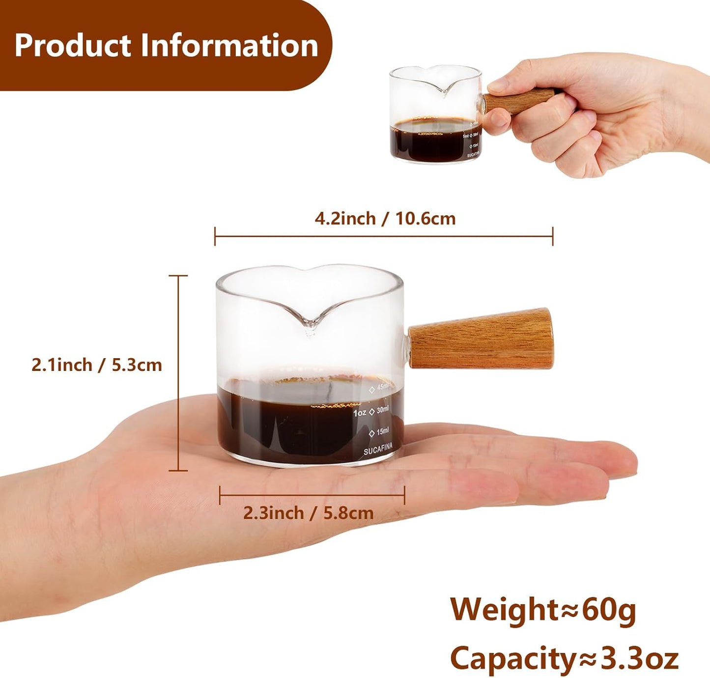 YARRAMATE 3oz Espresso Cups with Wood Handle (2 pack), Clear Glass Espresso Accessories, Double Spout Glass Measuring Cup with Dual Scale, Espresso Shot with V-Shaped Spout