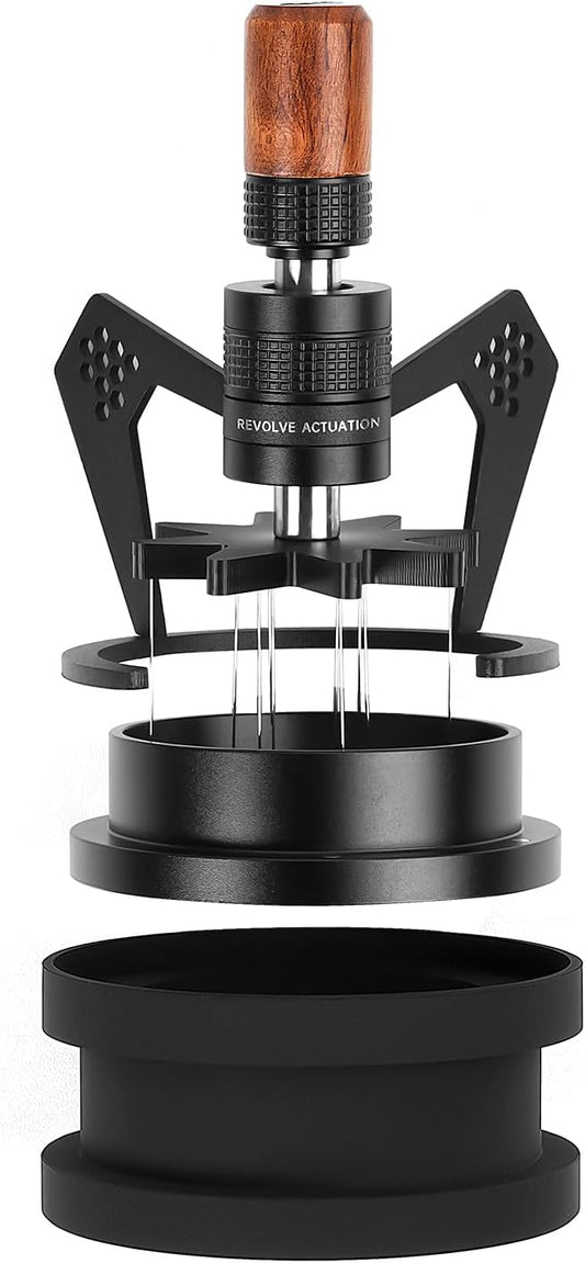 IKAPE Mantis WDT Distribution Tool, V3-51mm Espresso Stirrer Distribution Tool for Barista - 8 Needle Espresso Stirrer with Dosing Funnel & Stand, Adjustable Needle Height, Walnut Handle