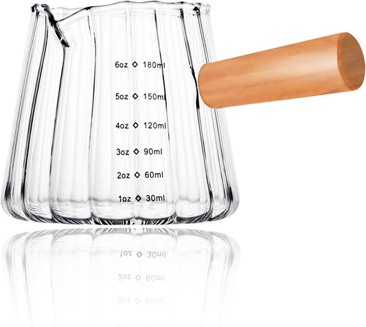Espresso Measuring Cup 6 Oz, Espresso Glass Cups with Wood Handle, Milk Frothing Cup, Espresso Cup for Coffee, Milk, Tea or Maple Syrup Serving