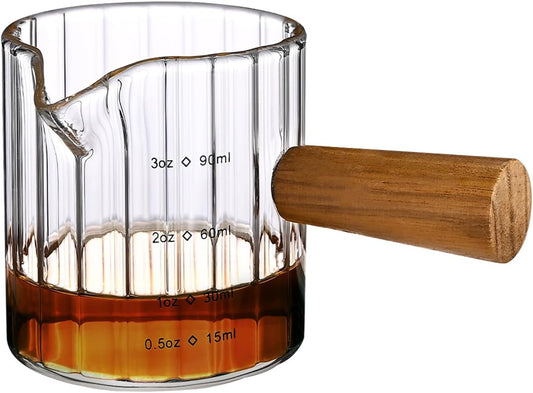 Glass Measuring Cup, 3oz Espresso Shot Glass with Wood Handle, Single Spout Clear Measuring Cups Pitcher Milk Cup Coffee Shot Glasses (Transparent Ribbed)