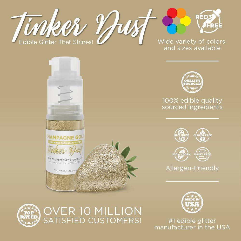 Bakell - Champagne Gold Tinker Dust Edible GLitter (4g, 1x Mini Spray Pump) for Food, Desserts, and Beverages!