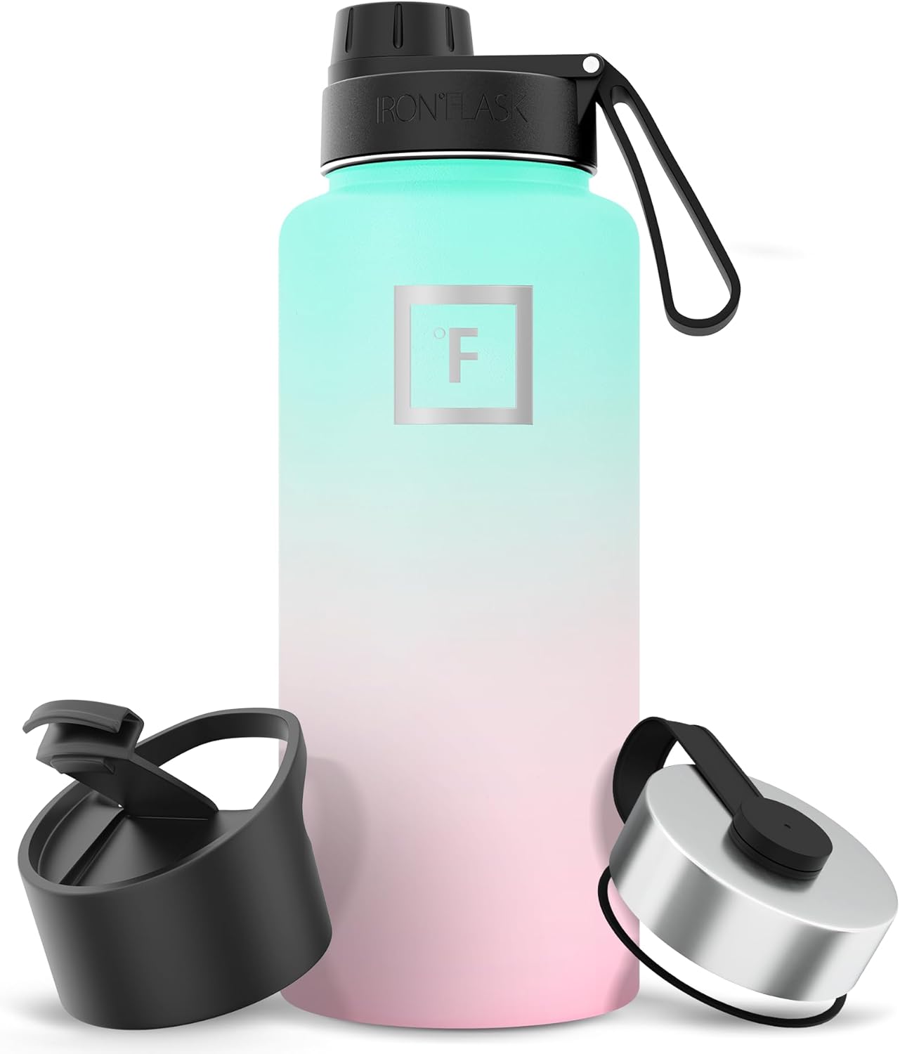 IRON °FLASK Camping & Hiking Hydration Flask with 3 Lids - Stainless Steel, Double Walled & Vacuum Insulated Water Bottle - Leak Proof & BPA Free (Bubble Gum, Spout - 32 oz)