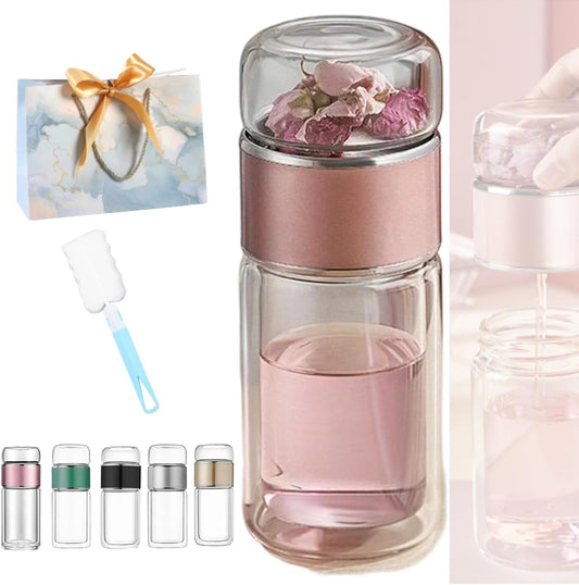 Tryteava Glass Infuser, Tryteava 3-in-1 Smart Tea Infuser, Portable Glass Double Wall Tea Infusers Bottle, with Stainless Steel Filter, Hot & Cold Brew, For Loose Leaf, Office Home (Pink, 280ml)