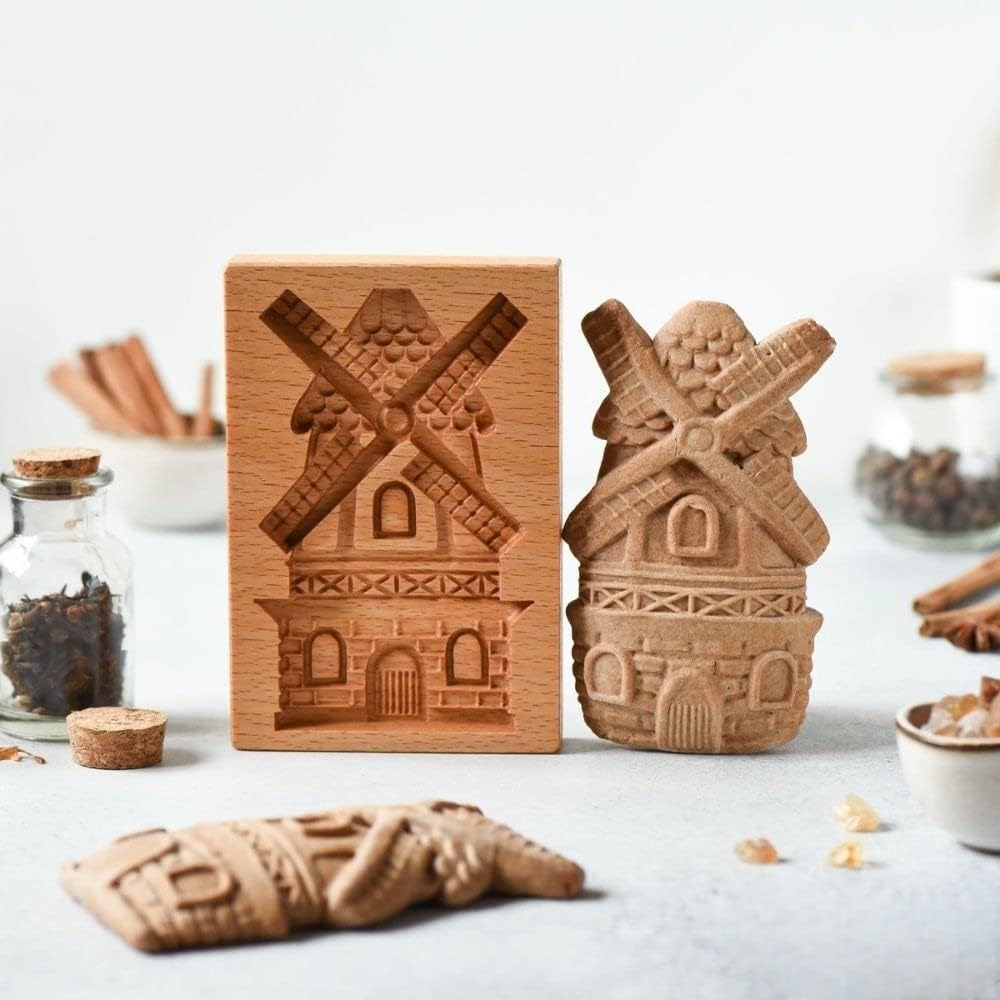 Wooden Cookie Molds, Wooden Cookie Biscuit Mold Baking Cookie Mold Wooden Carved Mold Cookie Cutter Embossing Mold, DIY Shapes Cookie Stamp,Gingerbread Mold(Windmill)