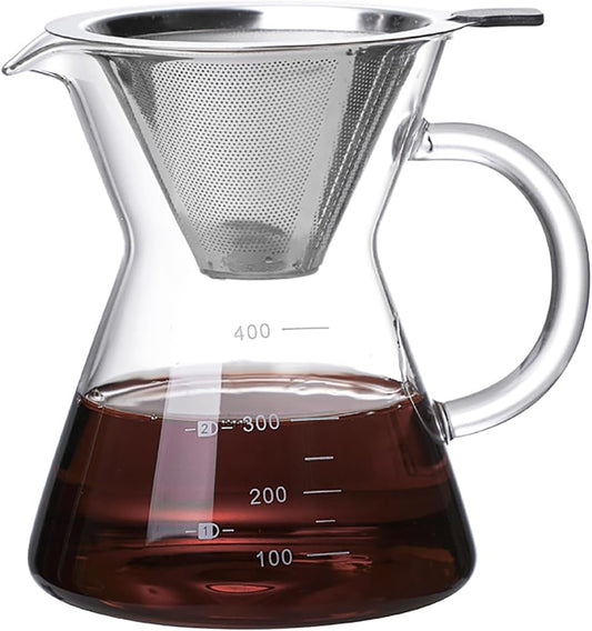 Pour Over Coffee Maker with Reusable Stainless Steel Drip Filter, Glass Drip Coffee Maker Set, Lead-Free Borosilicate Glass Coffee Carafe for 1-2Cup, Clear (400ml/13.5oz)